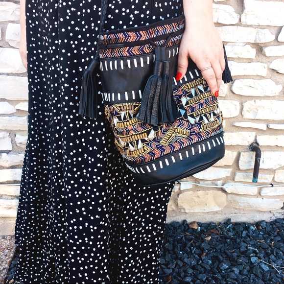 Anthropologie Handbags - Black beaded bucket bag